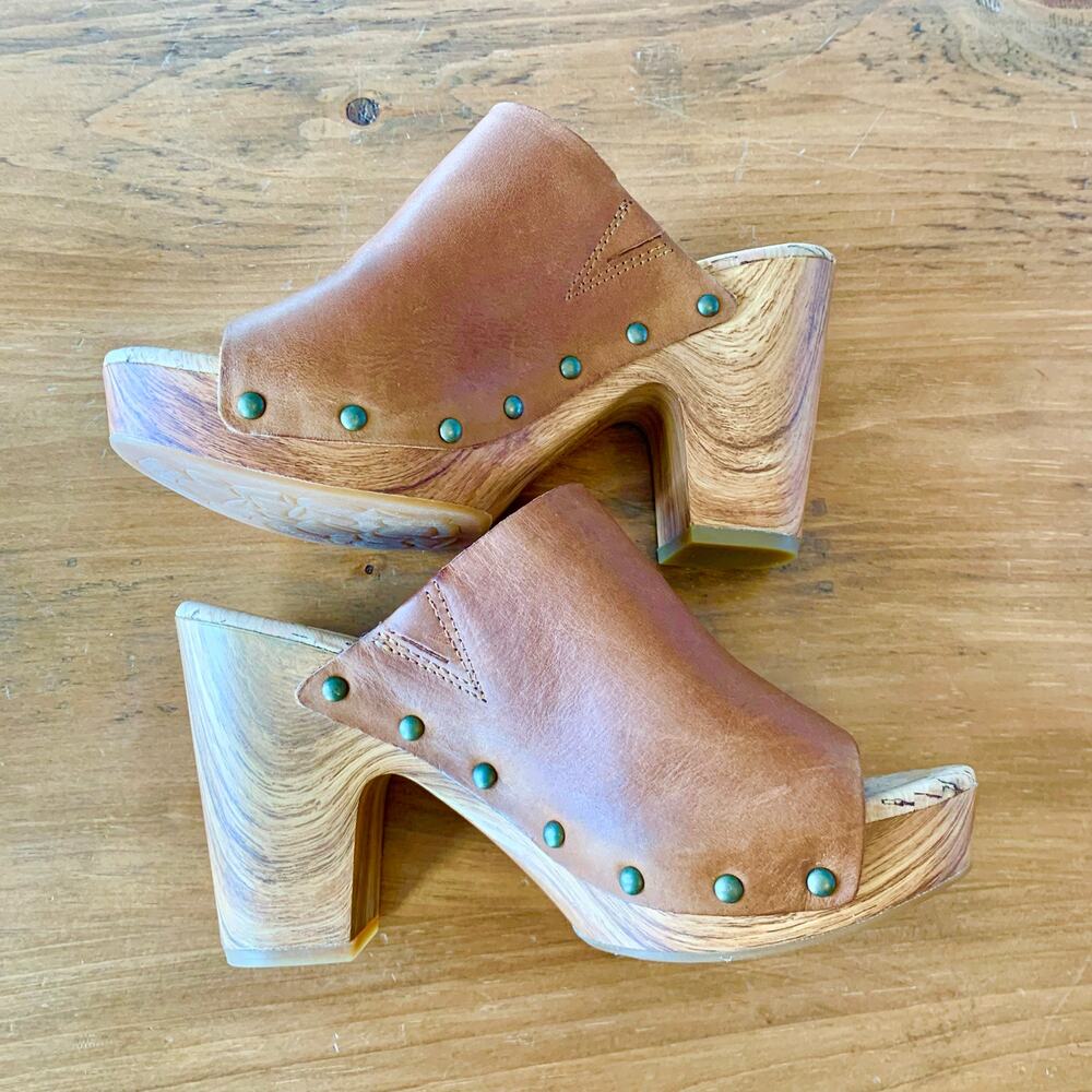 Kork-Ease Womens Clog Sz 6M Camel Danika Wood Stud Mule Peep Open Toe Sandals - Picture 9 of 16